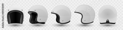 Vector 3d Realistic Blank White Glossy Classic Vintage Open-Face Motorbike Helmet Design Template for Mockup. Front, Side and Back View. Motorcycle Helmet Icon, Closeup, Isolated