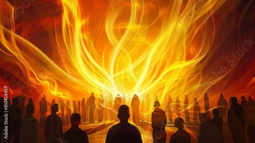 pentecost sunday the holy spirit descending as tongues of fire rear view of believers digital religious illustration © Jelena