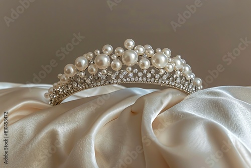 A delicate tiara made from pearls and tiny diamonds, showcased on a silk pillow