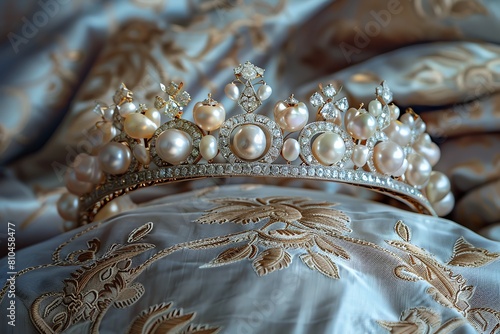 A delicate tiara made from pearls and tiny diamonds, showcased on a silk pillow