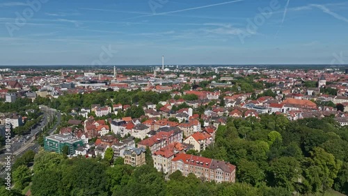 Aerial drone shot of Brunswick Innenstadt, also known as Braunschweig city centre, in Germany. 