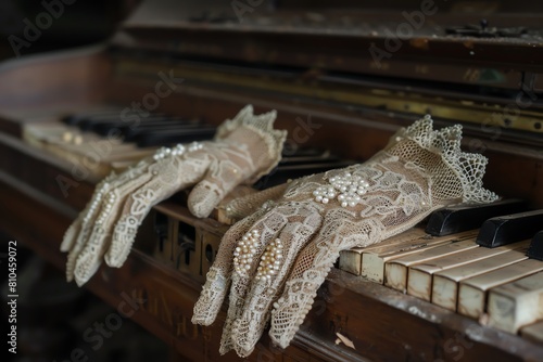 A pair of Victorianstyle lace gloves adorned with small pearls, on an old piano photo
