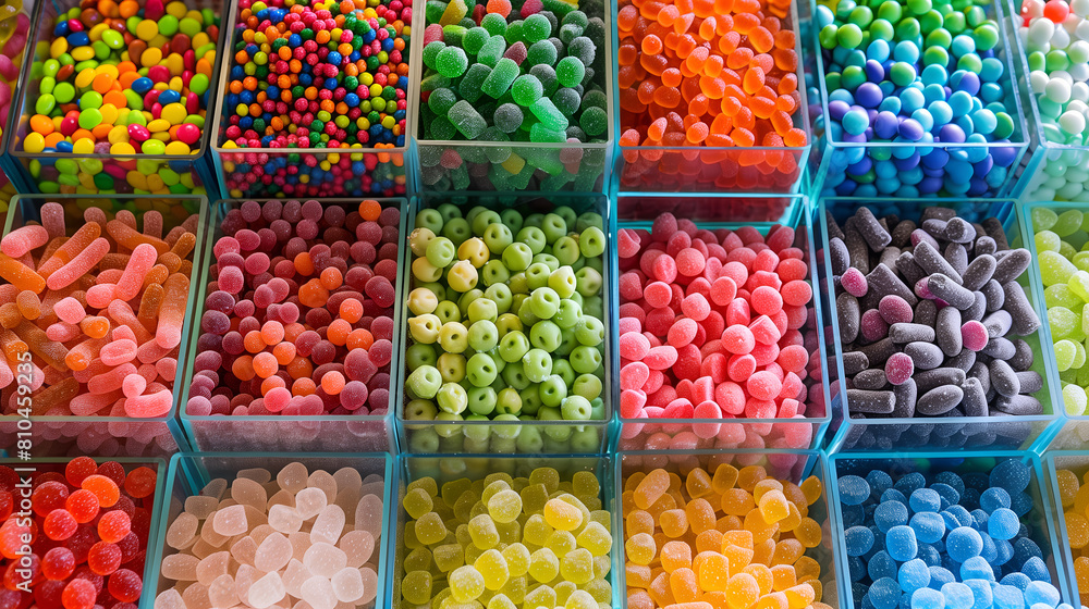Top down view of various candies, gummy jellies, lolly, etc arranged in compartments