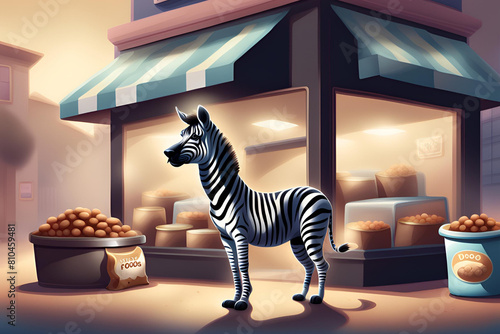 A zebra dog stands in front of a pet food store