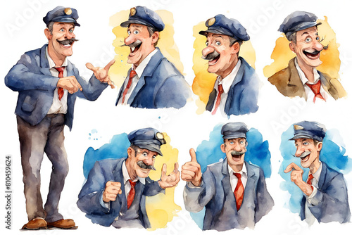 bus conductor middle aged caucasian man looking happy funky in various fun poses hyper photo
