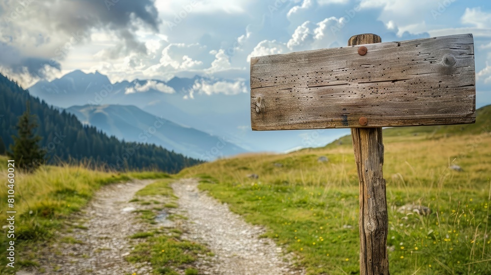 rustic wooden signpost on serene village path white clouds and mountains in background direction concept photo rustic wooden signpost on serene village path white clouds and mountains in background direction concept photo