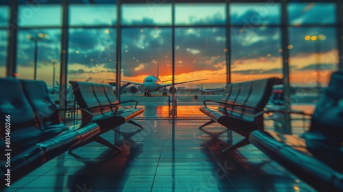 Sunset at an airport terminal, showcasing a serene view through large windows with a parked airplane silhouetted against the colorful sky, sunset view at airport terminal with parked airplane.