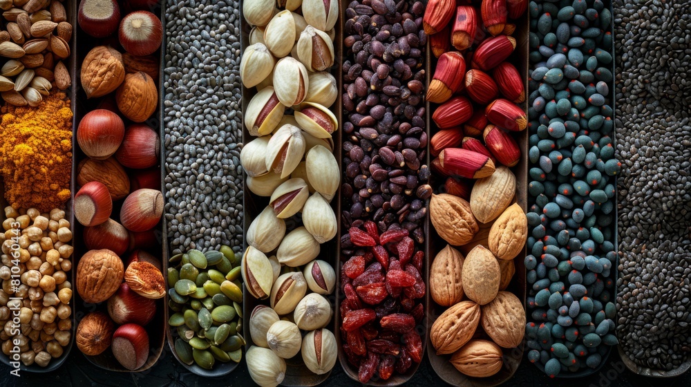 Top view of a diverse arrangement of nuts, seeds, and legumes, showcasing a variety of textures and colors, assorted healthy nuts and legumes top view. Top view of a diverse arrangement of nuts, seeds, and legumes, showcasing a variety of textures and colors, assorted healthy nuts and legumes top view.