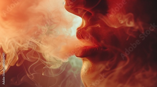 a person's lips blowing out a puff of air, dispersing a cloud of smoke and embracing the freedom from tobacco addiction on World No-Tobacco Day  photo