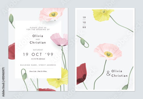 Wedding invitation template, colorful poppy flowers on grey background