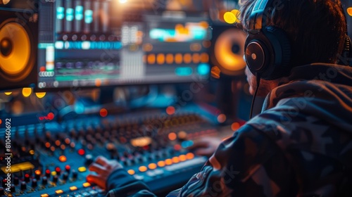 A focused sound engineer in headphones adjusts settings on a sophisticated mixing console in a professional recording studio, sound engineer operating music studio equipment.