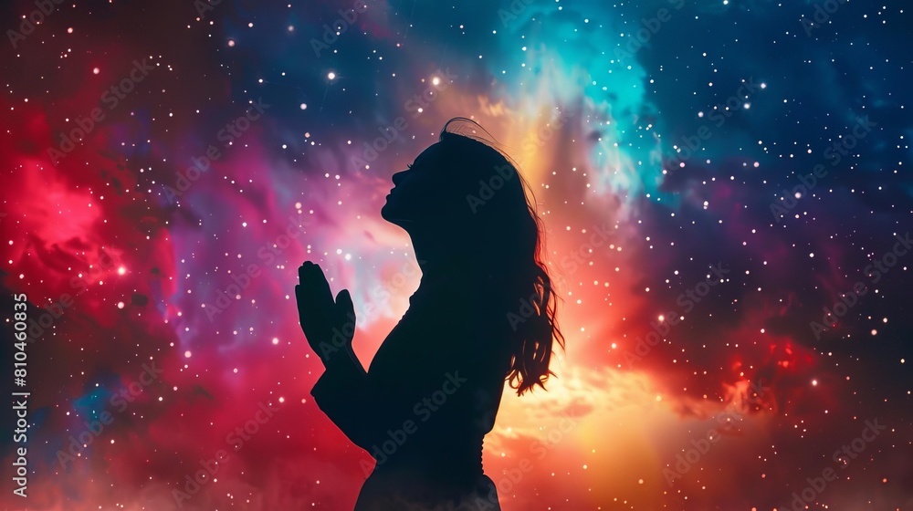 silhouette of woman praying against colorful sky in spiritual worship scene