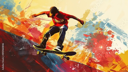 skateboarder performing nosegrind trick on ramp dynamic action shot urban sports extreme athletics digital illustration