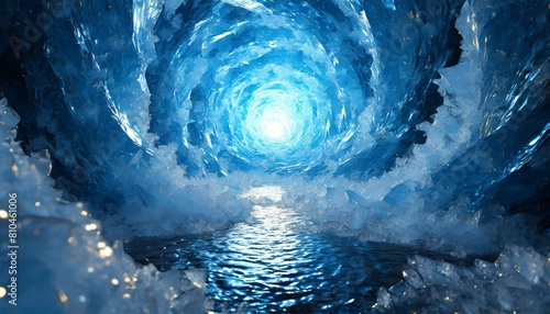 中央から青い光、雪のように細かく砕いた氷と渦巻く水流の背景、視覚的に見やすい背景で幻想的 Generated by AI photo