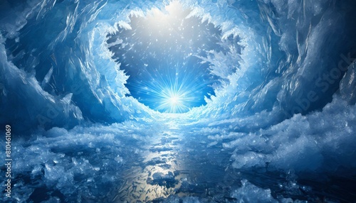 中央から青い光、雪のように細かく砕いた氷と渦巻く水流の背景、視覚的に見やすい背景で幻想的 Generated by AI photo