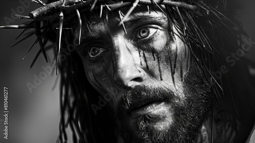 striking black and white portrait of jesus christ with crown of thorns intense gaze photorealistic closeup spiritual symbolism
