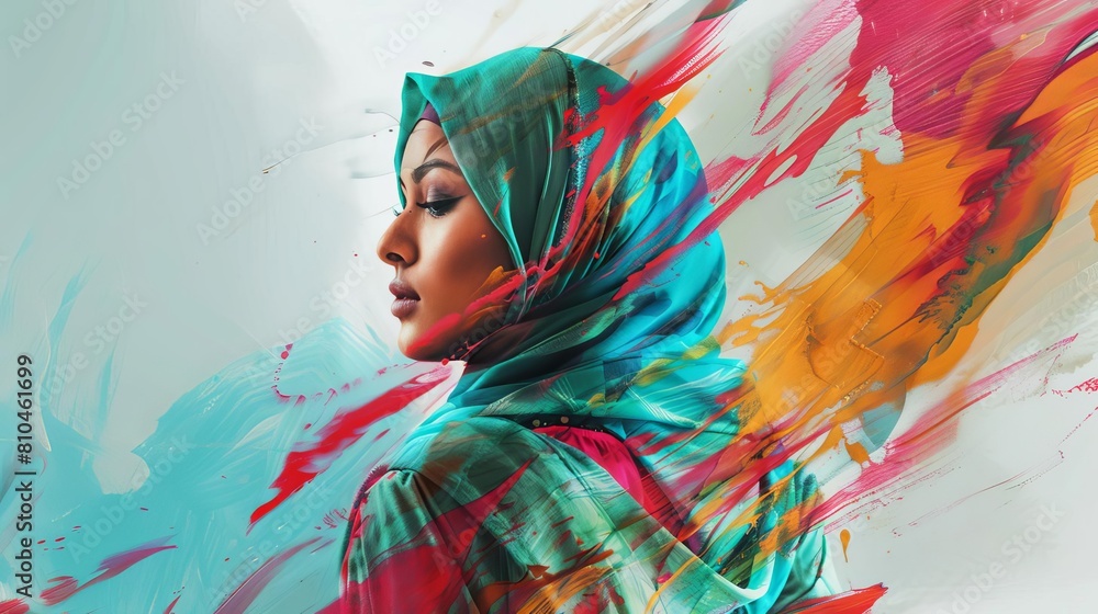 stylish muslim woman in a hijab captured in a dynamic fashion photoshoot celebrating modest fashion digital painting