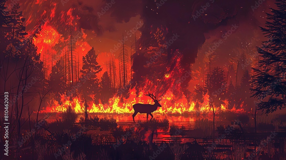 terrified deer fleeing from intense forest fire at night dramatic ai generated illustration