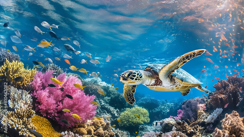 Sea turtle or marine turtle swimming in ocean with coral reefs © ZayWin