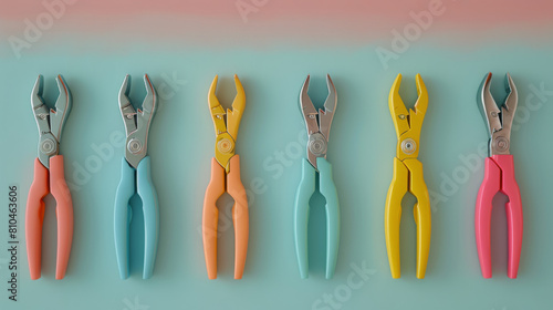 A collection of colorful pliers arranged on a pastel background, showcasing diversity in simple tools. photo
