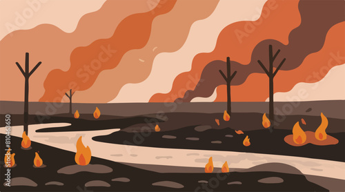 Illustration of Deforested Forest Due to Human-induced Fires Resulting in Environmental Destruction and Air Pollution Hazardous to Earth and Humanity.