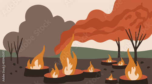 Illustration of Pollution - Smoke From Garbage Burning. Burning fire in the landfill - Occurs smoke cause of air pollution. 