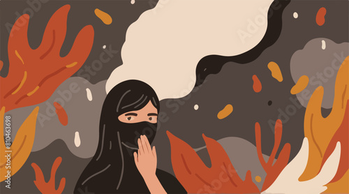 Illustration of girl and Pollution - Smoke From Garbage Burning. Burning fire in the landfill - Occurs smoke cause of air pollution. 