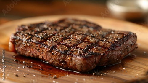 Grilled steak on a plate with open copy space.