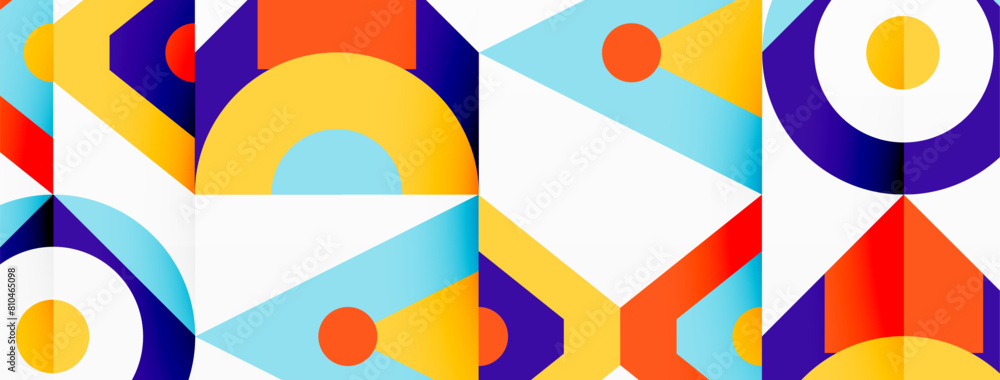 A vibrant geometric pattern featuring circles and triangles in various tints and shades, creating a symmetrical design on a white textile background