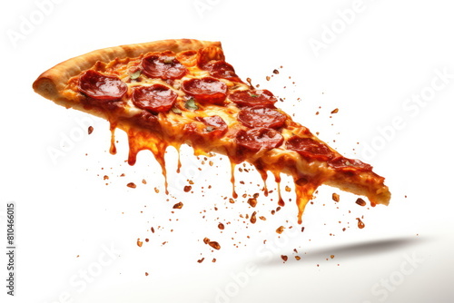 slice of pizza flying on white background