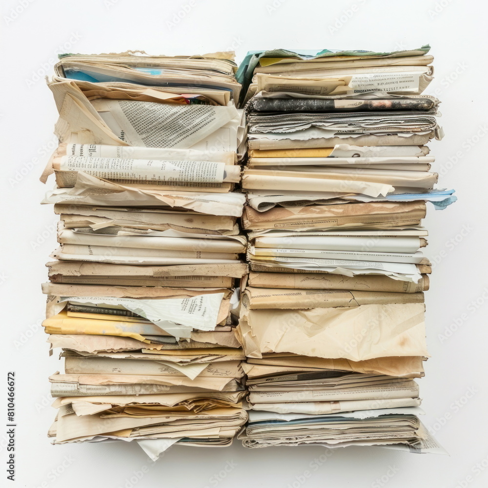 Many papers are placed on top of each other on white background Many papers are placed on top of each other on white background