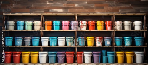 display of hardware store shelves with various types of wall paint in buckets for renovation