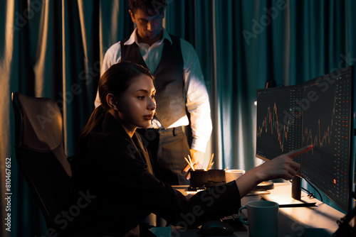Two business traders discussing on dynamic stock exchange currency rate risk investment, pointing profit or loss value forecast on pc screens side view at night neon lighting office room. Postulate.