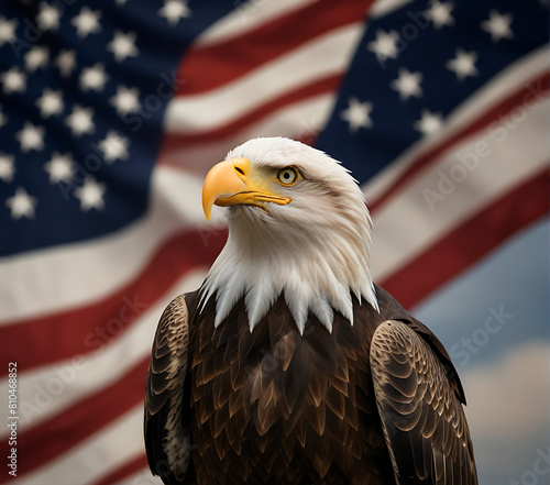 North American Bald Eagle on American flag/ symbol of america -with flag. United States of America patriotic symbols.