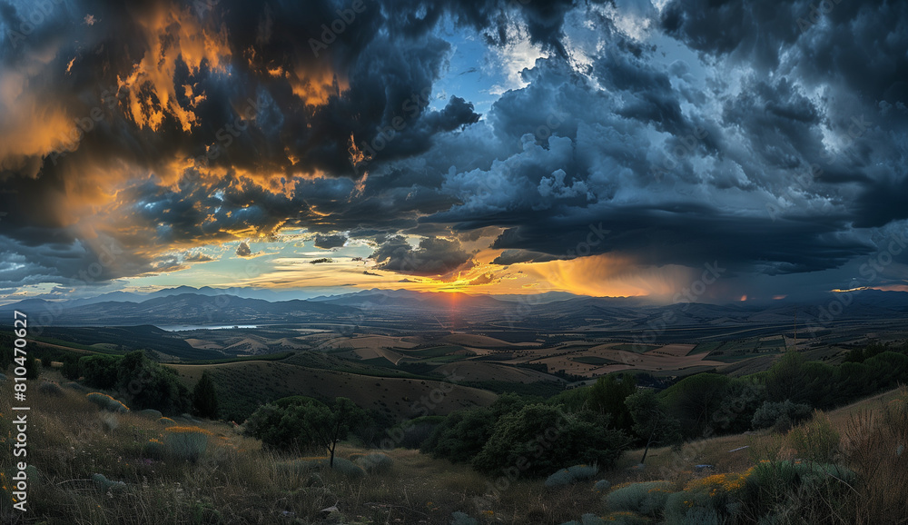 A panoramic view of the sky at sunset, with dark storm clouds rolling in over an open valley below. The sun's rays illuminate distant hills and trees