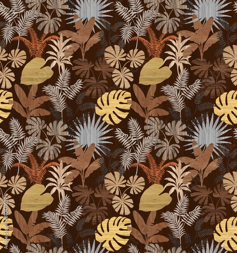 Seamless long pattern leaf graphics variety of types on colorfur texture tone wooden surface with tropical leaves used for decorative design.	
 photo