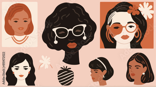 Set of Retro Faces - Celebrating Timeless Elegance - Stunning Vintage Lifestyle Portraits Collection. Vector Illustration. EPS 10.