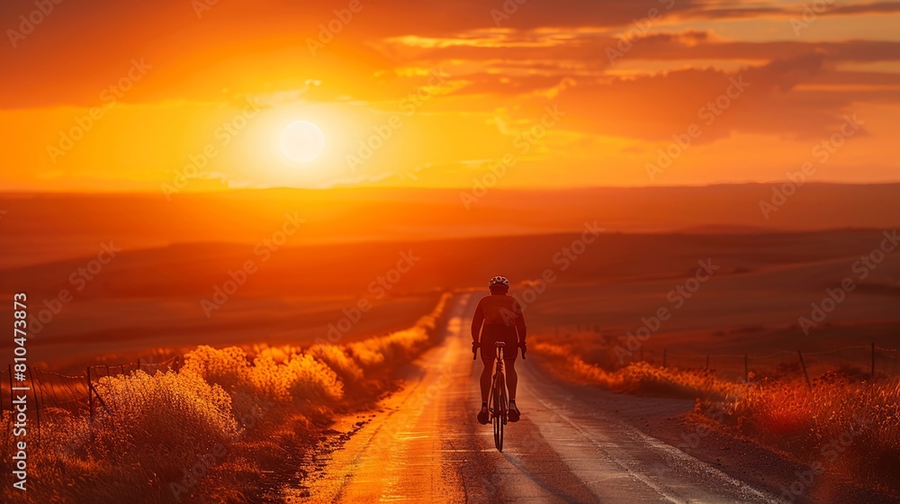 Cyclist speeding along a serene country road at sunset, the golden sky casting warm hues over the landscape.