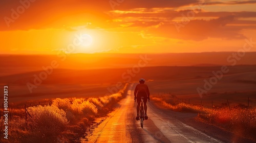Cyclist speeding along a serene country road at sunset, the golden sky casting warm hues over the landscape.