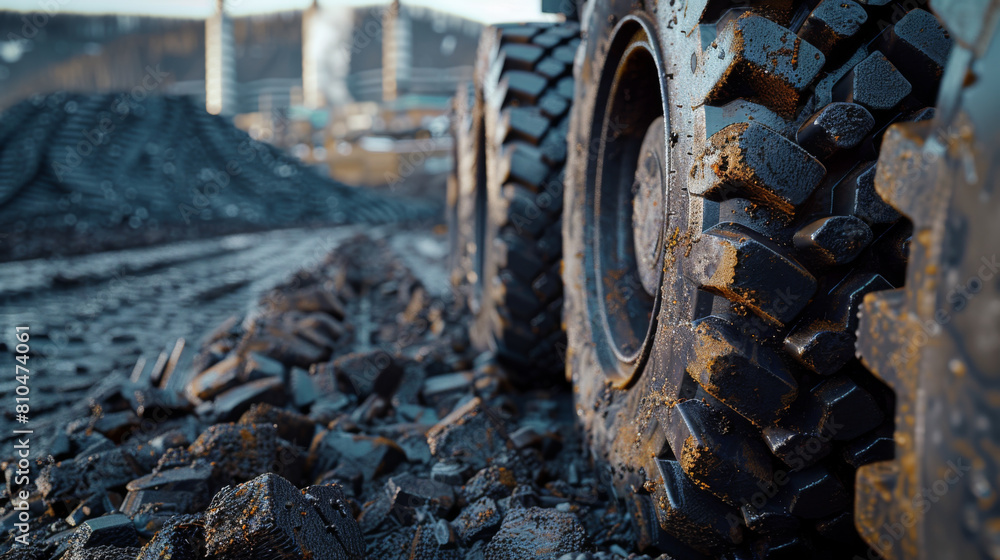 Close-up of heavy-duty truck tires covered in thick mud, emphasizing rugged use. Close-up of heavy-duty truck tires covered in thick mud, emphasizing rugged use.