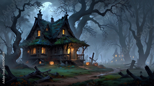Pumpkins In Graveyard In The Spooky Night, Halloween Background