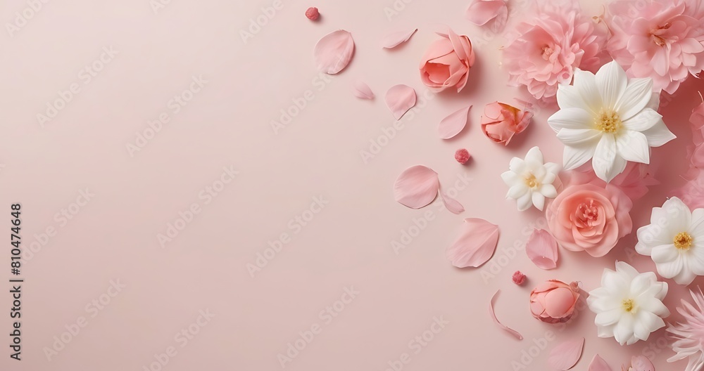 Naklejka premium A delicate arrangement of flowers and green foliage set against a soft background (7)