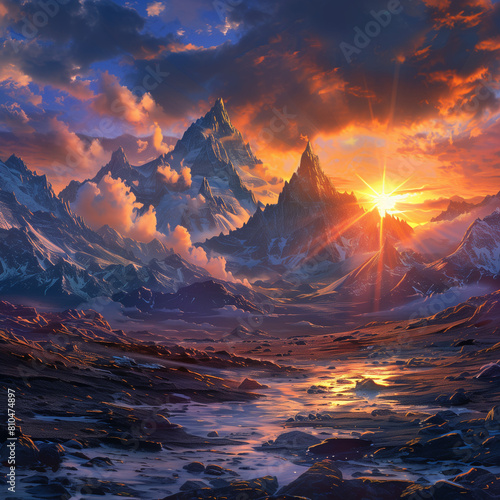  fantasy landscape  mountains in the distance  sun setting behind the mountain  fantasy art style  vibrant colors  fantasy world  fantasy scenery  fantasy background  fantasy illustration  fantasy art