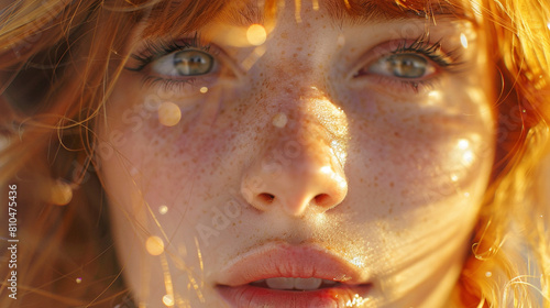 A close-up portrait of a lovely, cheerful ginger girl daydreaming.