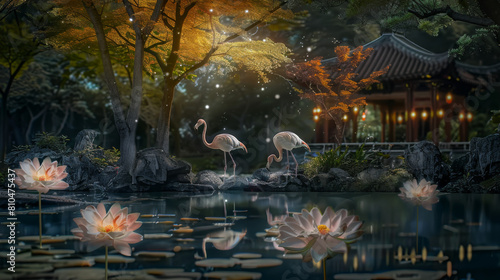 A beautiful scene of two flamingos standing in a pond with a lot of lilies