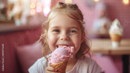 A hungry child happily consumes ice cream in a bright studio.