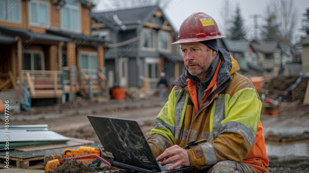 A focused construction worker using a laptop at a busy construction site, wearing safety gear. A focused construction worker using a laptop at a busy construction site, wearing safety gear.