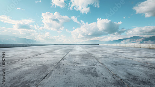 A large empty parking lot with a clear blue sky above