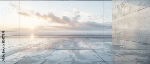 A large empty room with a view of the ocean and a sunset