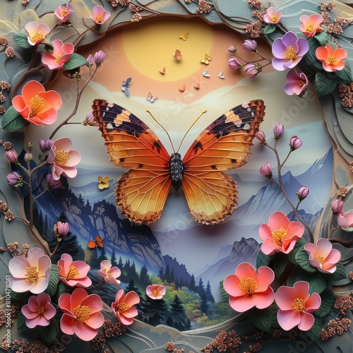 Whimsical paper garden, exquisite butterfly and floral sculptures. crafted with care, illustrating dreams and romance, perfect for banner displays with organic charm